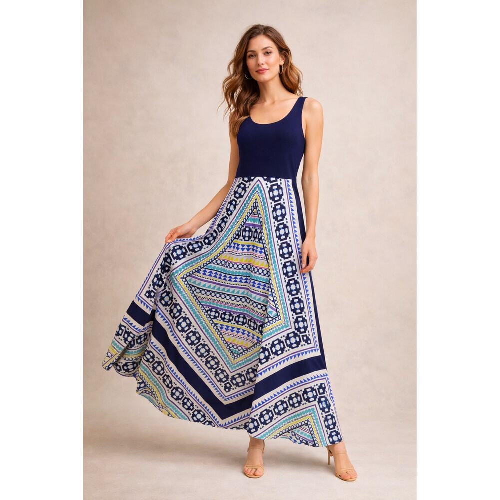 Anthropologie 4 Eliza J Boho Jersey Geometric Crepe de Chine Maxi Dress $158